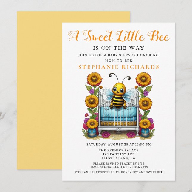 Invitación Flor Amarilla dulce pequeña cuna de abeja Baby Sho (Anverso / Reverso)