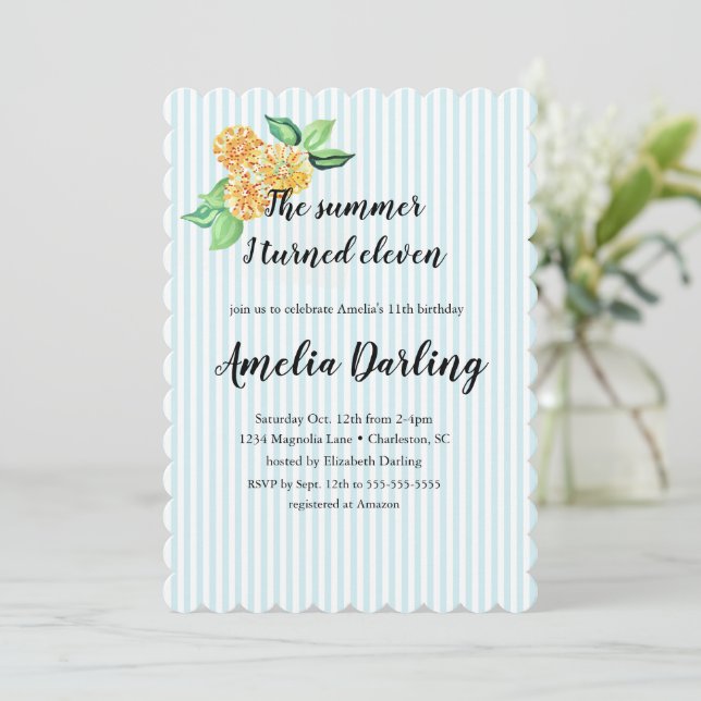 Invitación Flor amarilla perrito Tiras verano I vuelta Once (Anverso de pie)