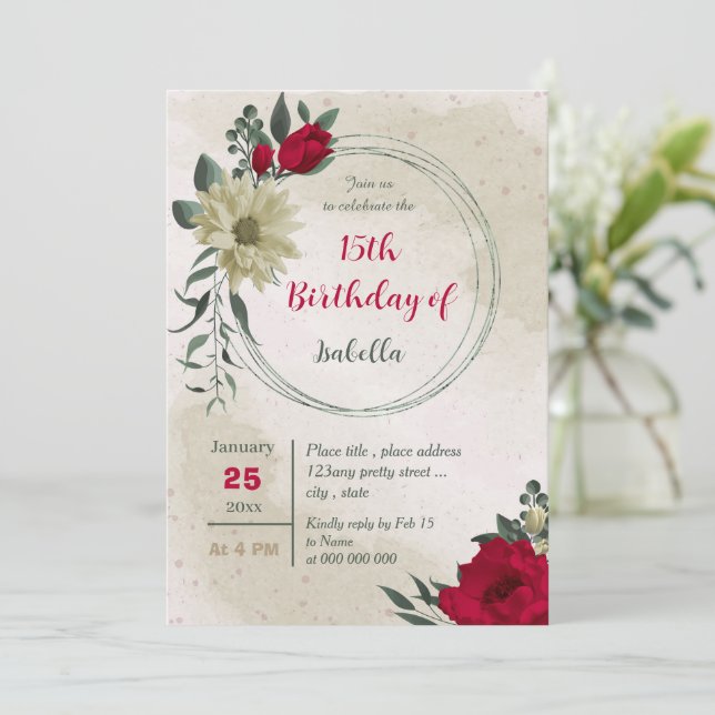 Invitación flor amarillo pálido rojo cumpleaños botánico (Anverso de pie)