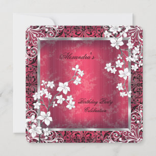 Invitación Flor Asiática Encaje Rojo Blanco Negro Cumpleaños