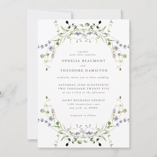 Invitación Flor azul acuarela Elegante Boda (Anverso)