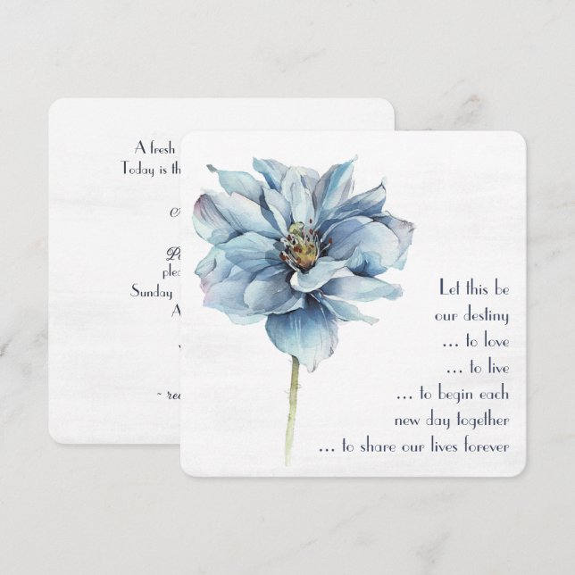 Invitación Flor azul acuarela sobre blanco texturizado (Anverso / Reverso)
