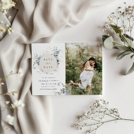 Invitación Flor azul acuática dos fotos Guardar la fecha