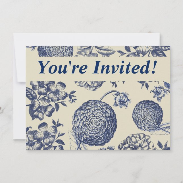 Invitación Flor azul anticuada impresa floral (Anverso)