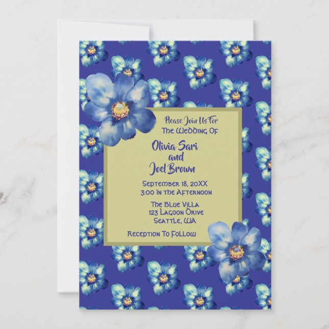 Invitación Flor azul azul y amarilla moderna Boda azul real (Anverso)