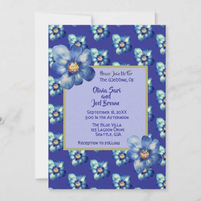 Invitación Flor azul azul y amarilla moderna Boda azul real (Anverso)