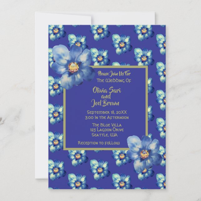 Invitación Flor azul azul y amarilla moderna Boda azul real (Anverso)