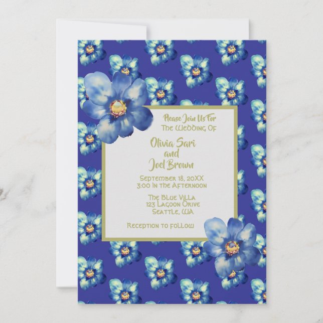Invitación Flor azul azul y amarilla moderna Boda azul real (Anverso)