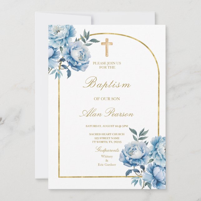 Invitación Flor azul Bautismo de niño floral (Anverso)