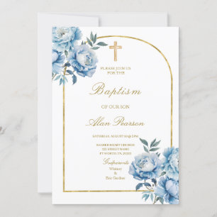 Invitación Flor azul Bautismo de niño floral