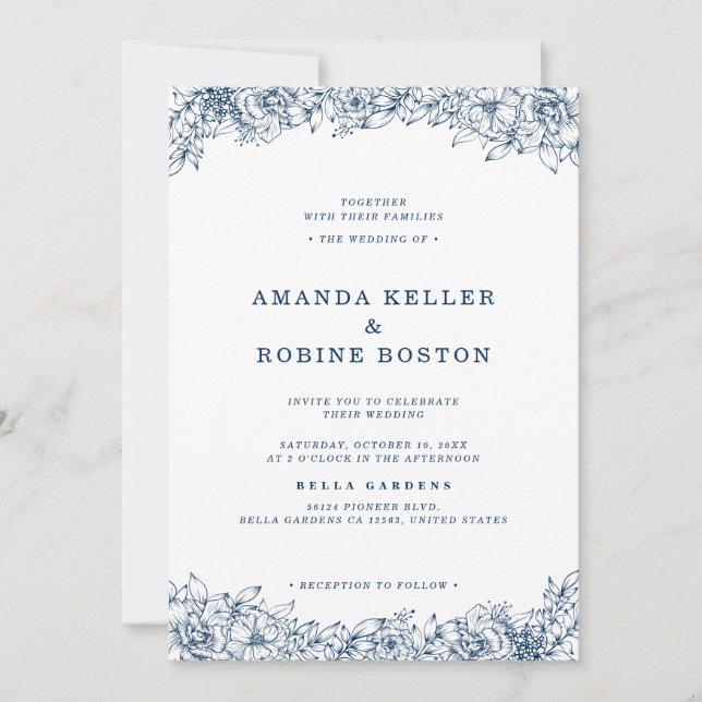 Invitación Flor azul blanca elegante Boda simple (Anverso)