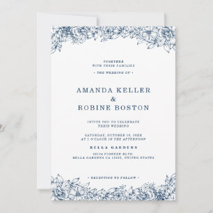 Invitación Flor azul blanca elegante Boda simple
