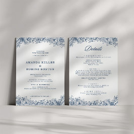 Invitación Flor azul blanca elegante Boda todo en uno
