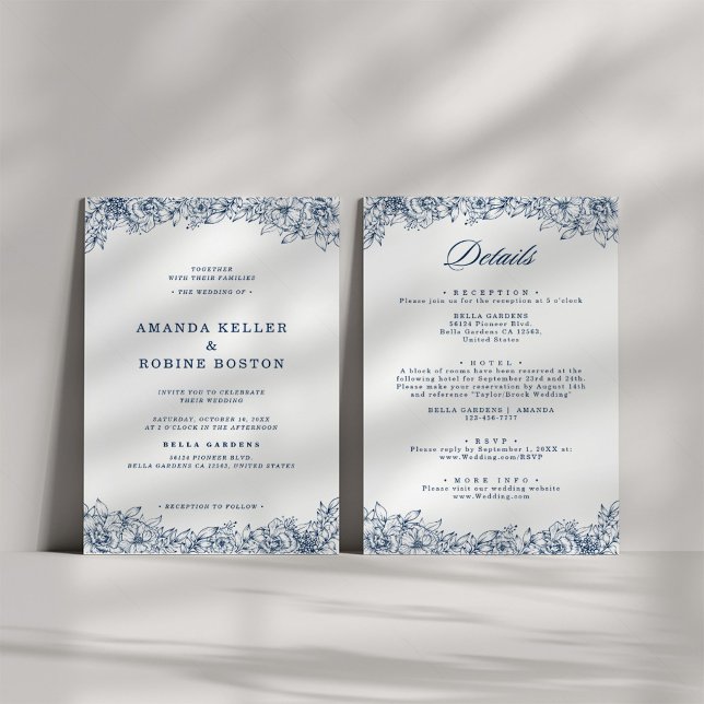 Invitación Flor azul blanca elegante Boda todo en uno (Subido por el creador)