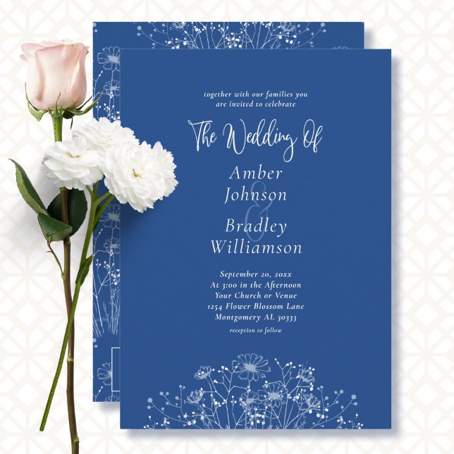 Invitación Flor azul blanca silvestre Elegante Floral QR Boda (Subido por el creador)
