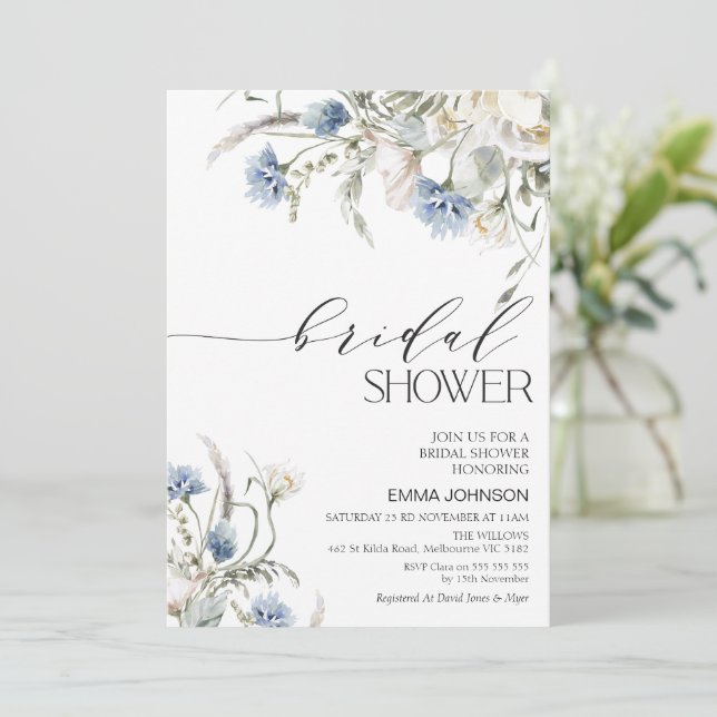 Invitación Flor azul blanca silvestre Floral Brillante (Anverso de pie)