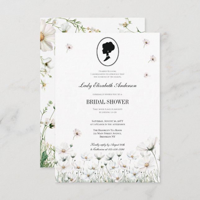 Invitación Flor azul Bridgerton Tema Regencia del té (Anverso / Reverso)