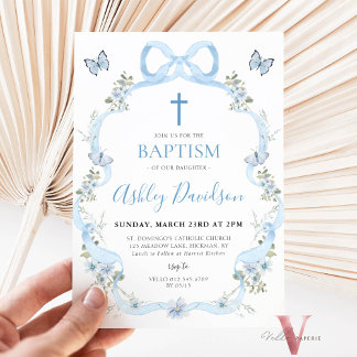 Invitación Flor azul de vaca floral bautismo bautizo cristian