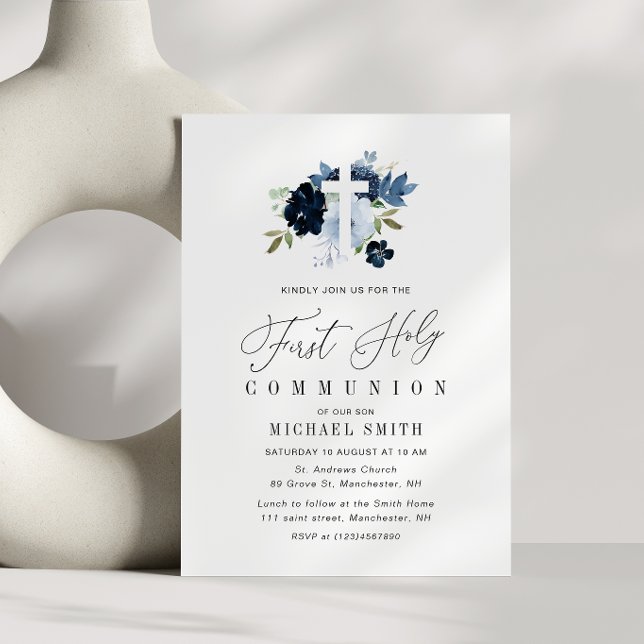 Invitación flor azul elegante primera comunión santa (Subido por el creador)