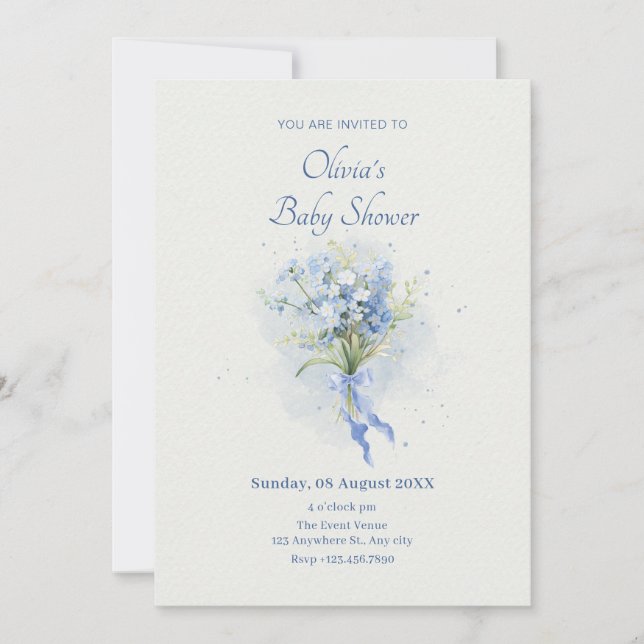 Invitación Flor azul en la ducha de bebé (Anverso)