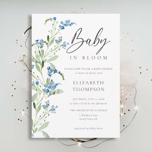 Invitación Flor azul Floral Floral Elegante Baby Shower (wildflowers baby shower invitation blue in bloom watercolor arch elegant garden rustic chic boho)