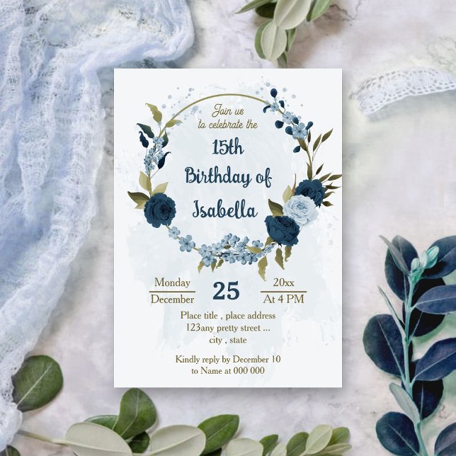 Invitación flor azul marino claro cumpleaños botánico (Subido por el creador)