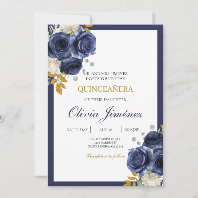 Invitación Flor azul marino quinceañera (Anverso)