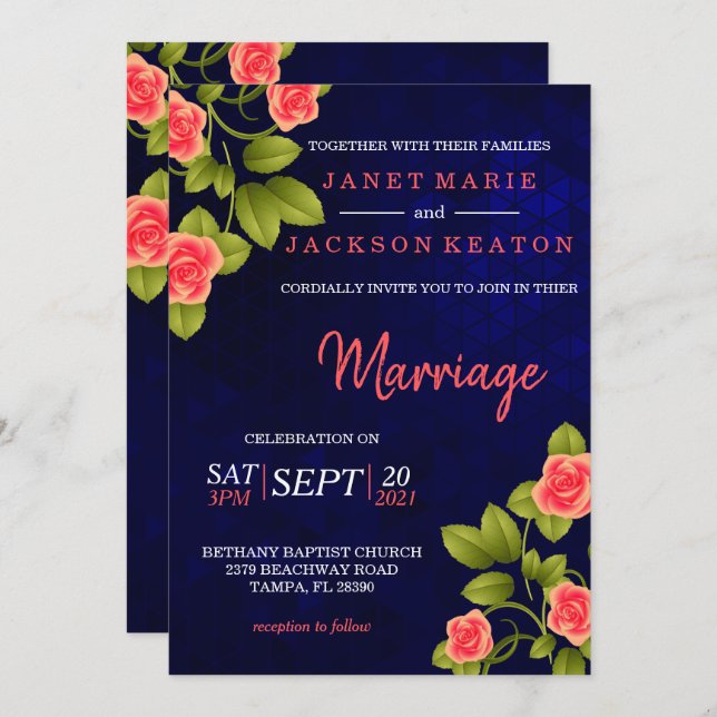 Invitación Flor azul oscuro y Rosa de coral (Anverso / Reverso)