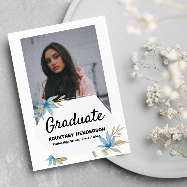 Invitación Flor azul pastel Foto Partido de Graduación (Pastel brown blue flower Photo Graduation Party)