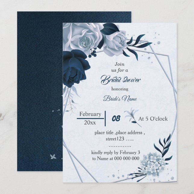 Invitación flor azul polvorienta marina elegante ducha de nov (Anverso / Reverso)