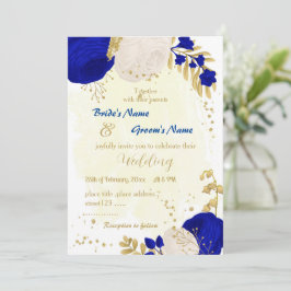 Invitación flor azul real y blanca boda botánico de oro