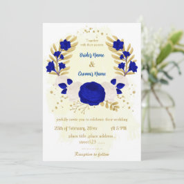 Invitación flor azul real y blanca boda botánico de oro