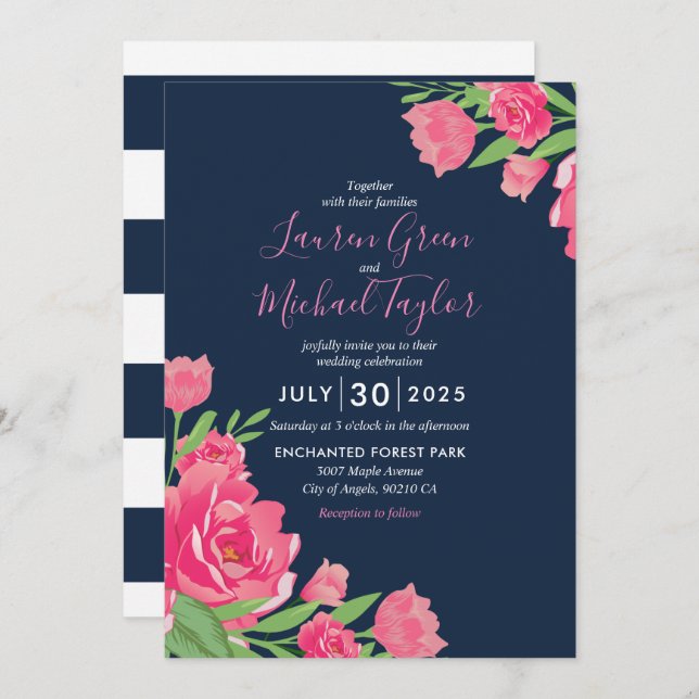 Invitación Flor azul rosa rosa Flor Bouquet Boda floral (Anverso / Reverso)