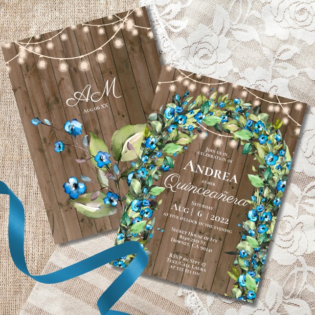 Invitación Flor azul rústica deja luces de arco Quinceañera (Subido por el creador)