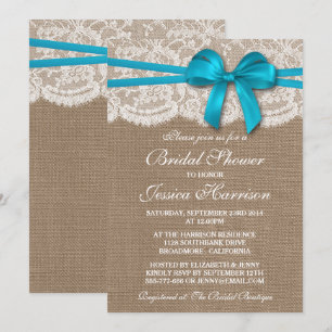 Invitación Flor azul rústico, ducha de novia Burlap y Lace