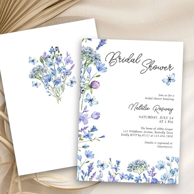 Invitación Flor azul silvestre moderna guión floral ducha de  (Floral Bridal Shower invitation from my Blue Wildflower Bridal Shower Collection )