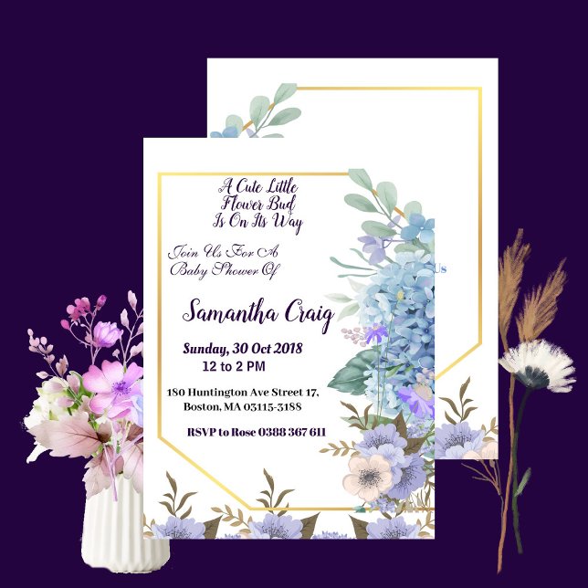 Invitación Flor azul suave flor Bud Hydrangea Baby Shower (Soft Blue Little Flower Bud Hydrangea Baby Shower Invitation)