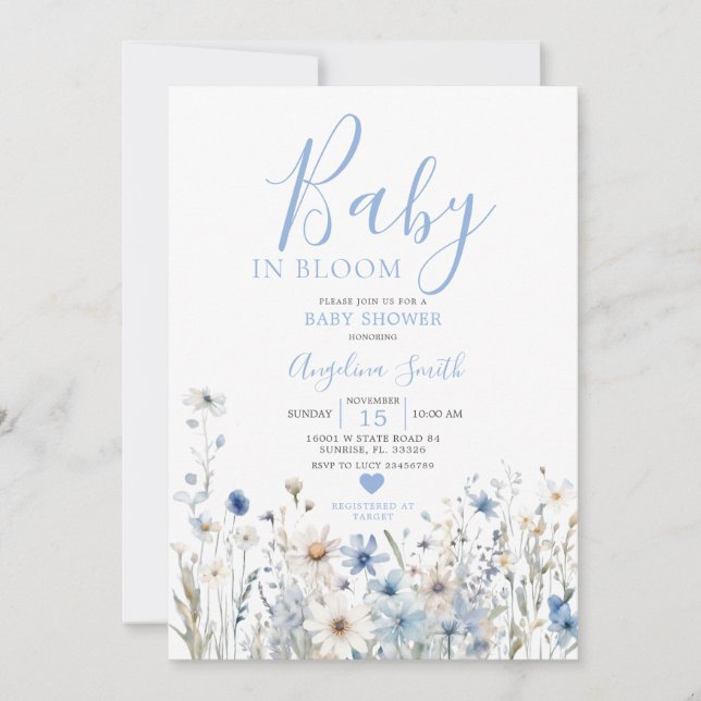 Invitación Flor azul turca bebé en Baby Shower en flor (Anverso)