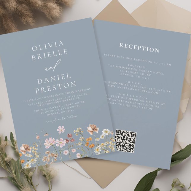Invitación Flor azul turca todo en un Boda de código QR (Subido por el creador)