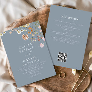 Invitación Flor azul turca todo en un Boda de código QR