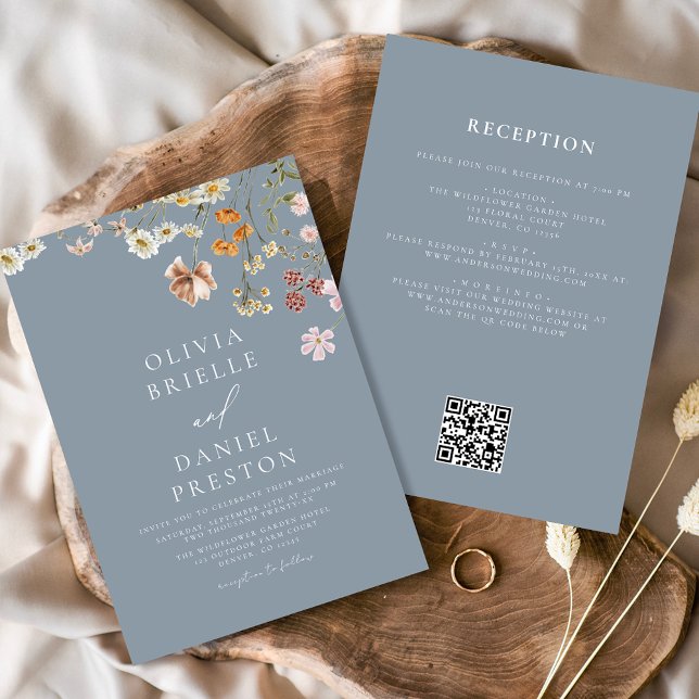Invitación Flor azul turca todo en un Boda de código QR (Subido por el creador)