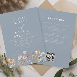 Invitación Flor azul turca todo en un Boda de código QR