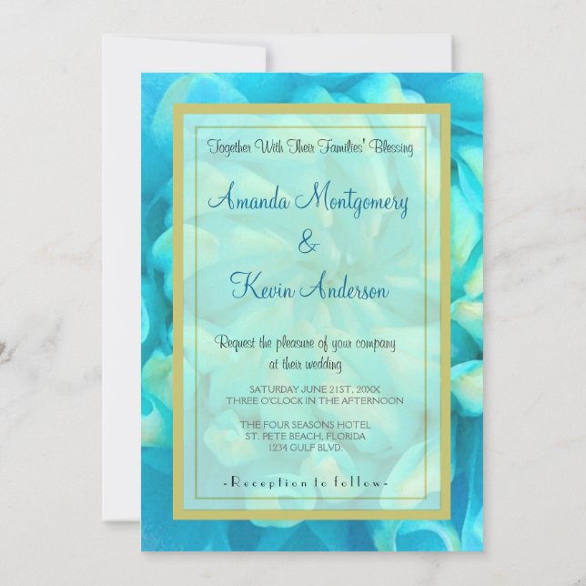 Invitación Flor azul turquesa de Dahlia en Boda acuarela (Reverso)