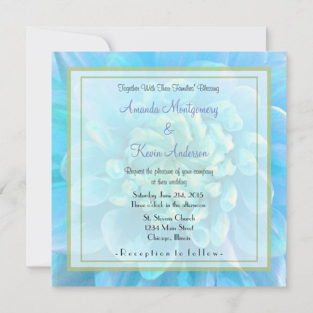 Invitación Flor azul turquesa de Dahlia en Boda acuarela (Reverso)
