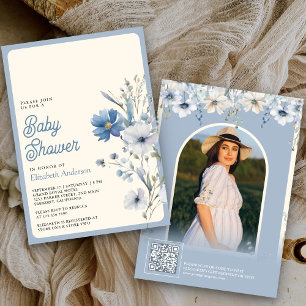 Invitación Flor azul turquesa Foto Código QR Baby Shower