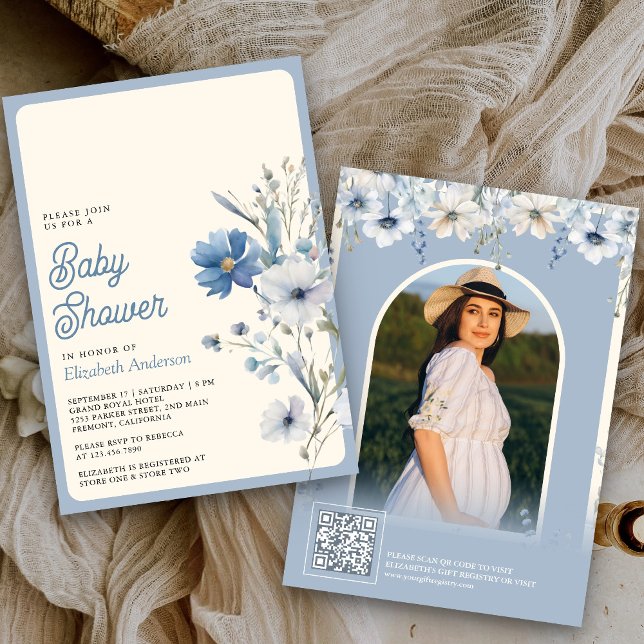 Invitación Flor azul turquesa Foto Código QR Baby Shower (Subido por el creador)