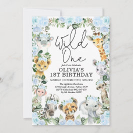 Invitación Flor azul Wild One Jungle Safari Primer cumpleaños