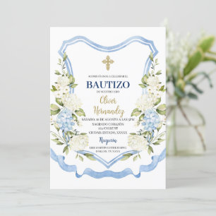 Invitación Flor azul y blanca Bautizo Español