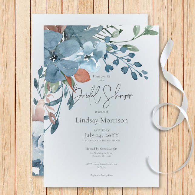 Invitación Flor azul y roya boho en ducha de novia blanca (Boho Rust & Blue Floral on White Bridal Shower Invitation)