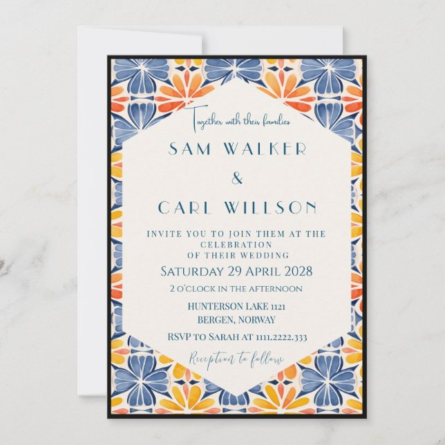 Invitación Flor Azulejo Naranja Amarillo Boda (Borde) (Anverso)